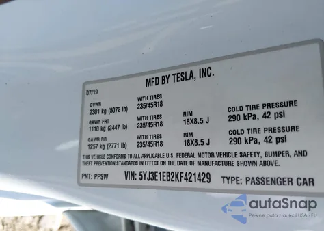 2019 Tesla Model 3 Long Range/Performance from USA, damaged, VIN 5YJ3E1EB2KF421429